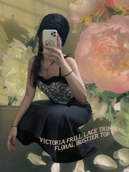 VICTORIA FRILL LACE TRIMMING FLORAL BUSTIER TOP (IVORY, BLACK 2COLORS!)
