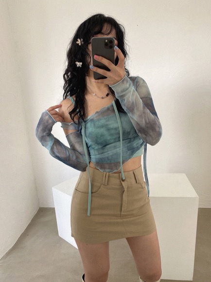 ARIAL TIE-DYE MESH CUT OUT CROP TOP &amp; STRAP SLEEVELESS CROP TOP SET (MINT, BROWN 2COLORS!)