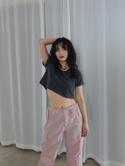 ROLL-UP SHORT SLEEVE CROP TOP (WHITE, OATMEAL, CHARCOAL, BLACK 4COLORS!)