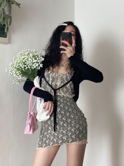 AMY FLORAL LACE COVER MINI DRESS WITH FRILL STRAP CROP CARDIGAN SET (PINK, BLACK 2COLORS!) *개별구매가능!*