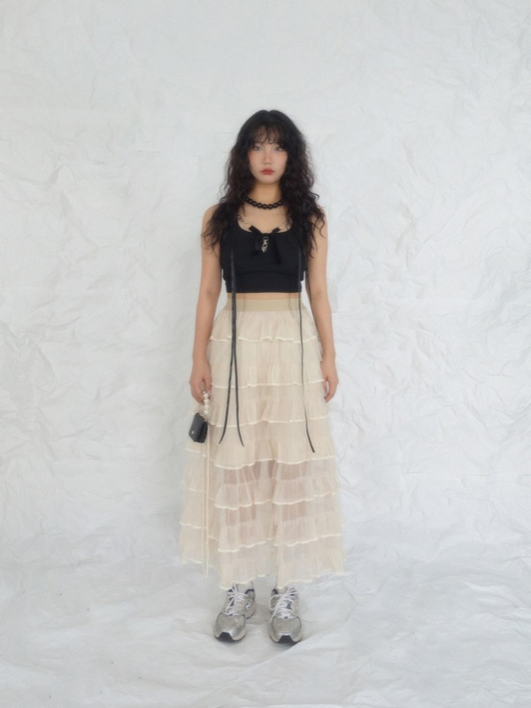 [BEIGE당일출고]WRINKLE CHIFFON CAN CAN LONG SKIRT (BEIGE, BLACK 2COLORS!)
