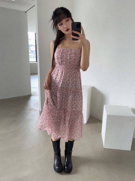 [SALE]ANNY FLORAL CHIFFON THIN STRAP DRESS (PINK, SKY 2COLORS!)